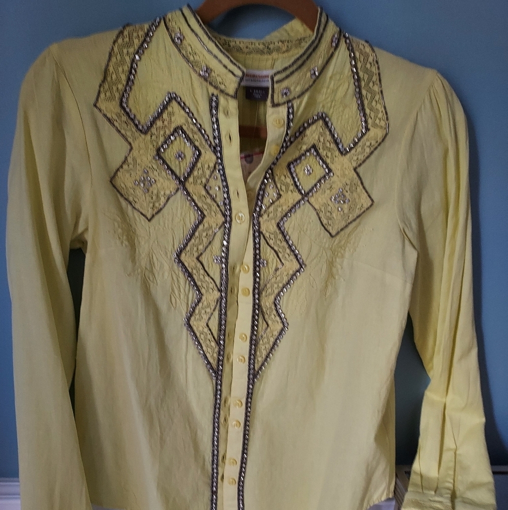 Anthropologie Bright Yellow Lace Accent Blouse